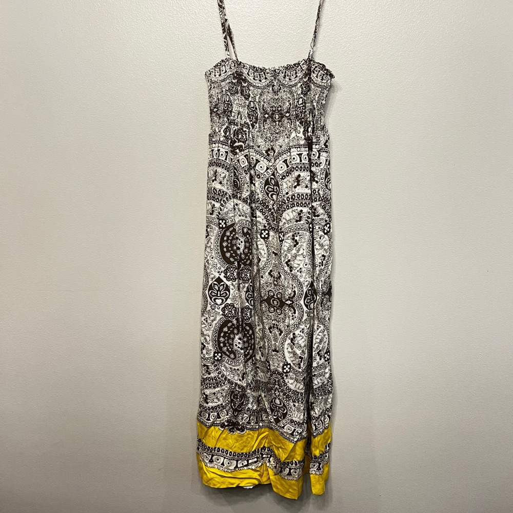 Talbots Petites Silk Paisley Maxi Dress Brown Yellow Smocked Bodice PM Fairy